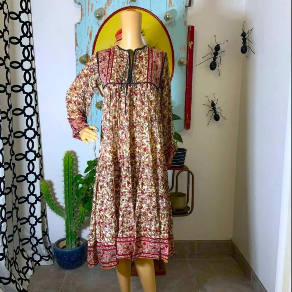 Vintage 1970s India Cotton Gauze Dress , Indian Cotton Dress , Lurex Gauze Midi